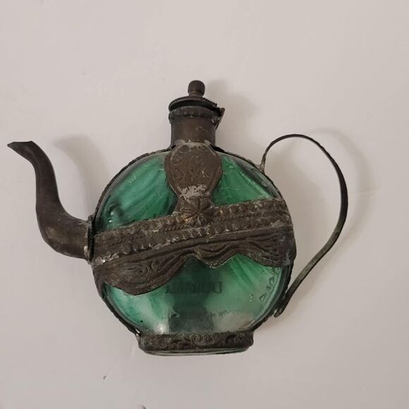 Vintage Emerald Green Glass Decanter Bottle with Ornate Aluminum Holder Teapot - Picture 1 of 9